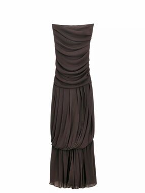 Zara Strapless Chocolate Brown Draped Maxi Dress
